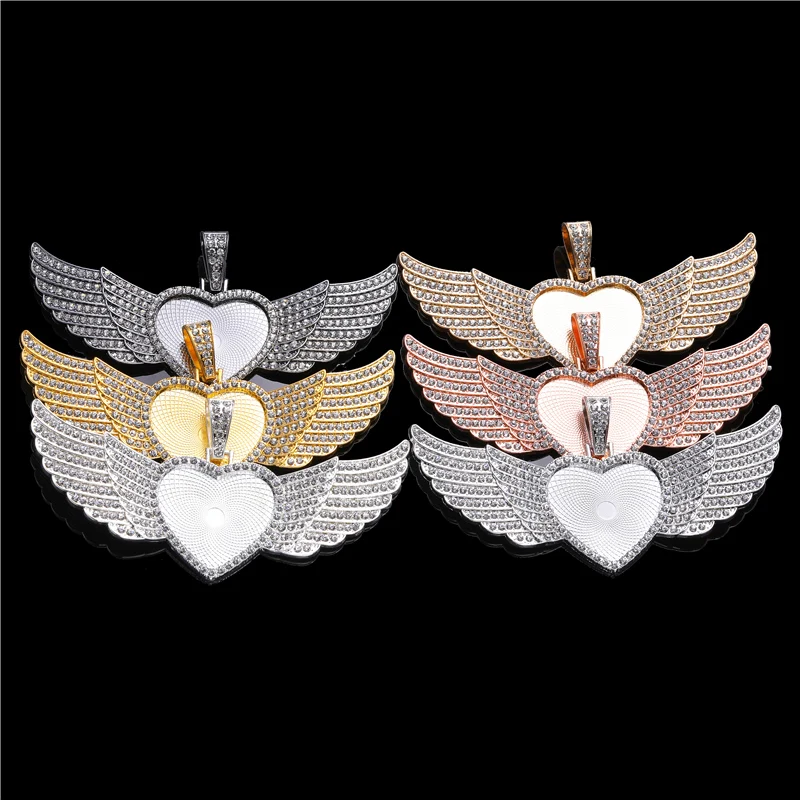 10PCS Hip Hop Wings Heart Pendant Cabochon Base Bezels 25/30mm CZ Zircon Trays For Photo Necklaces DIY Jewelry Making Findings