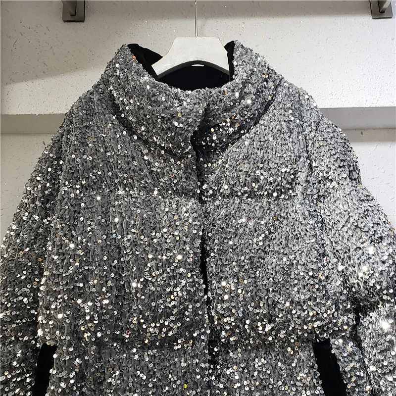 Winter Women Fashion Sequins Loose Down Jackets Street Stand Collar Thick Casual Parkas Black Preppy Style Short Cotton Coats