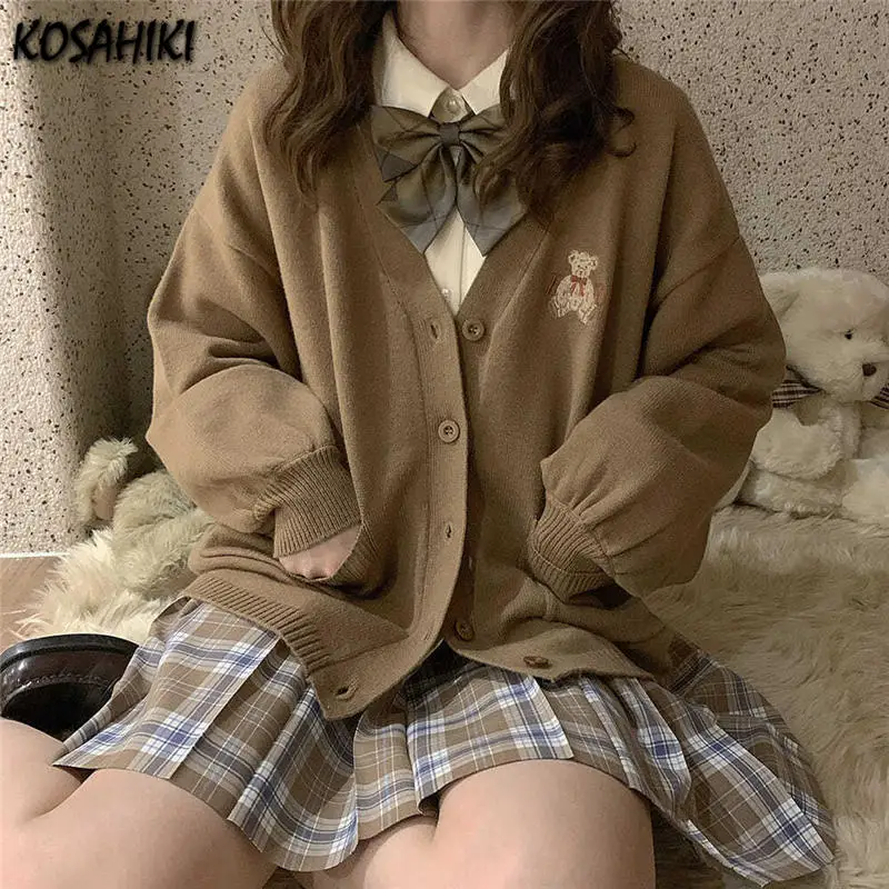 KOSAHIKI Women Sweater Vintage Y2k Loose Knitted Cardigan Bear Embroidery Jumper 2024 Japan Korean V-neck Casual Coat Jackets