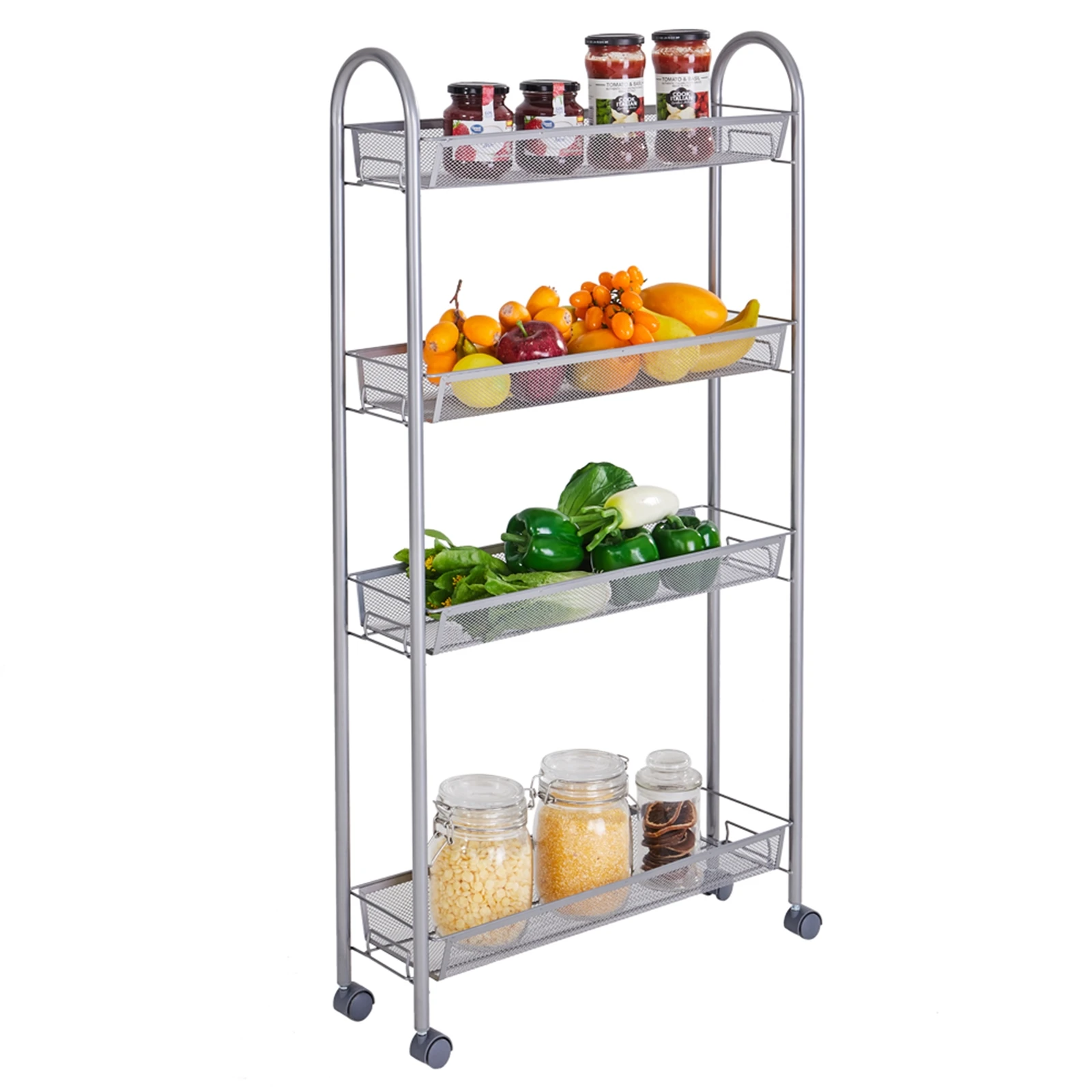 

4 Layers Removable Storage Cart Honeycomb Mesh Style Shelf Narrow Rack Silver 55x15x105CM[US-Stock]