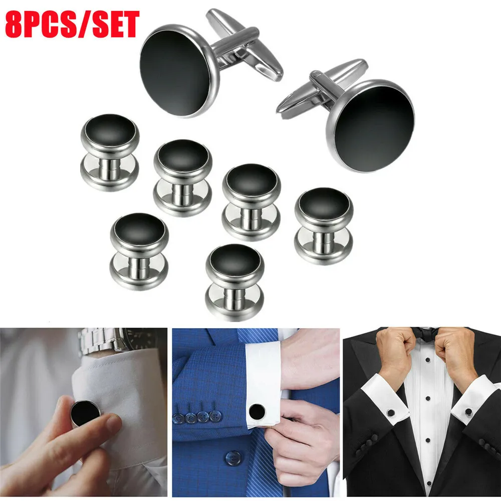 Mens Tuxedo Cufflinks Wedding Suit Shirt Cuff Buttons Round Metal Cufflink with Button Studs Set Luxury Cuff Links Gifts for Men