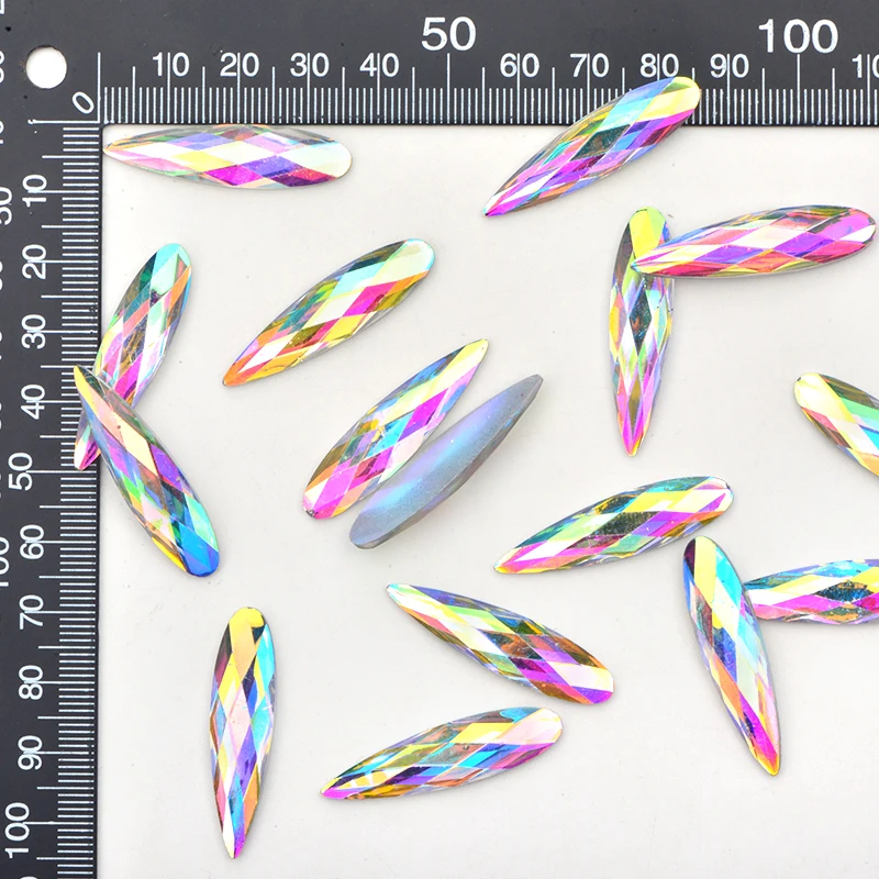 JUNAO 20pcs 9x36mm Glitter Teardrop Crystal AB Rhinestones Applique Flatback Acrylic Crystal Buttons Non Hotfix Strass Diamond