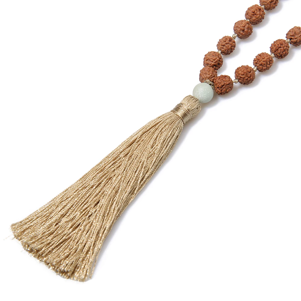 108 Mala Rudraksha & Matte Amazonite Beaded Knotted Necklace Blessing Meditation Yoga Prayer Japamala Jewelry Tassel Pendant