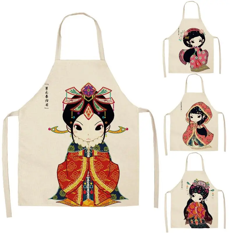 1 Pcs Girl Printed Kitchen Aprons for Women Home Cooking Baking Ancient Costume Beauty Waist Bib Cotton Linen Pinafore WQ80