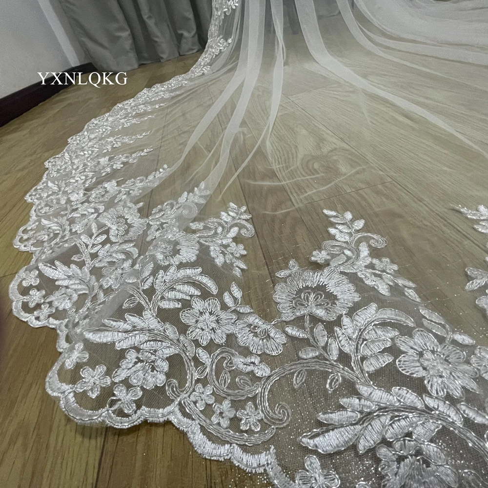 Real Photo High Quality 3-Meter One Layer Elegant Luxury Long Wedding Veil Bridal Veils Shiny Lace Veil Silver Bone with Comb