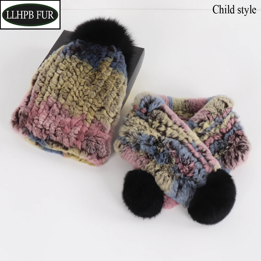 New Children Winter Real Rex Rabbit Fur Hat Scarf Sets Natural Warm Knit Rex Rabbit Fur Hats Scarves Child Real Fur Caps Muffler