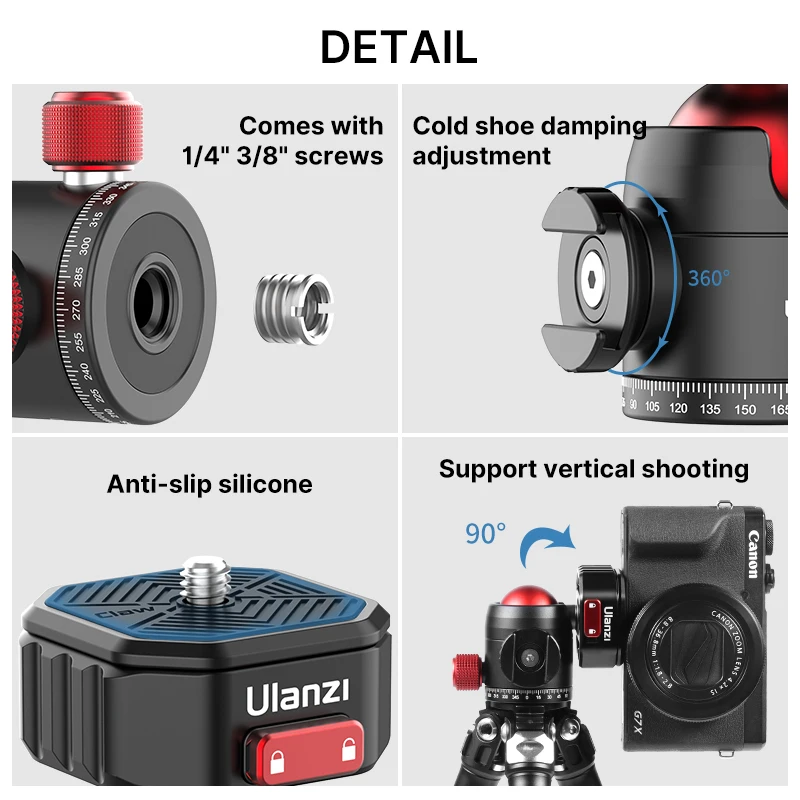 Ulanzi U-100 금속 볼 헤드 삼각대, 퀵 릴리스 볼 헤드 마운트, DSLR 액세서리용, 마이크 LED 조명용 콜드 슈 포함