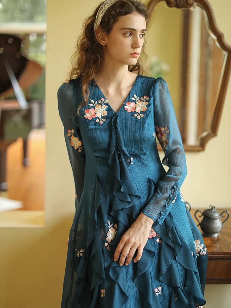 LYNETTE\'S CHINOISERIE Spring Summer New Women French Style Cottagecore Mori Girls Flower Embroidery Ruffled Chiffon Blue Dresses