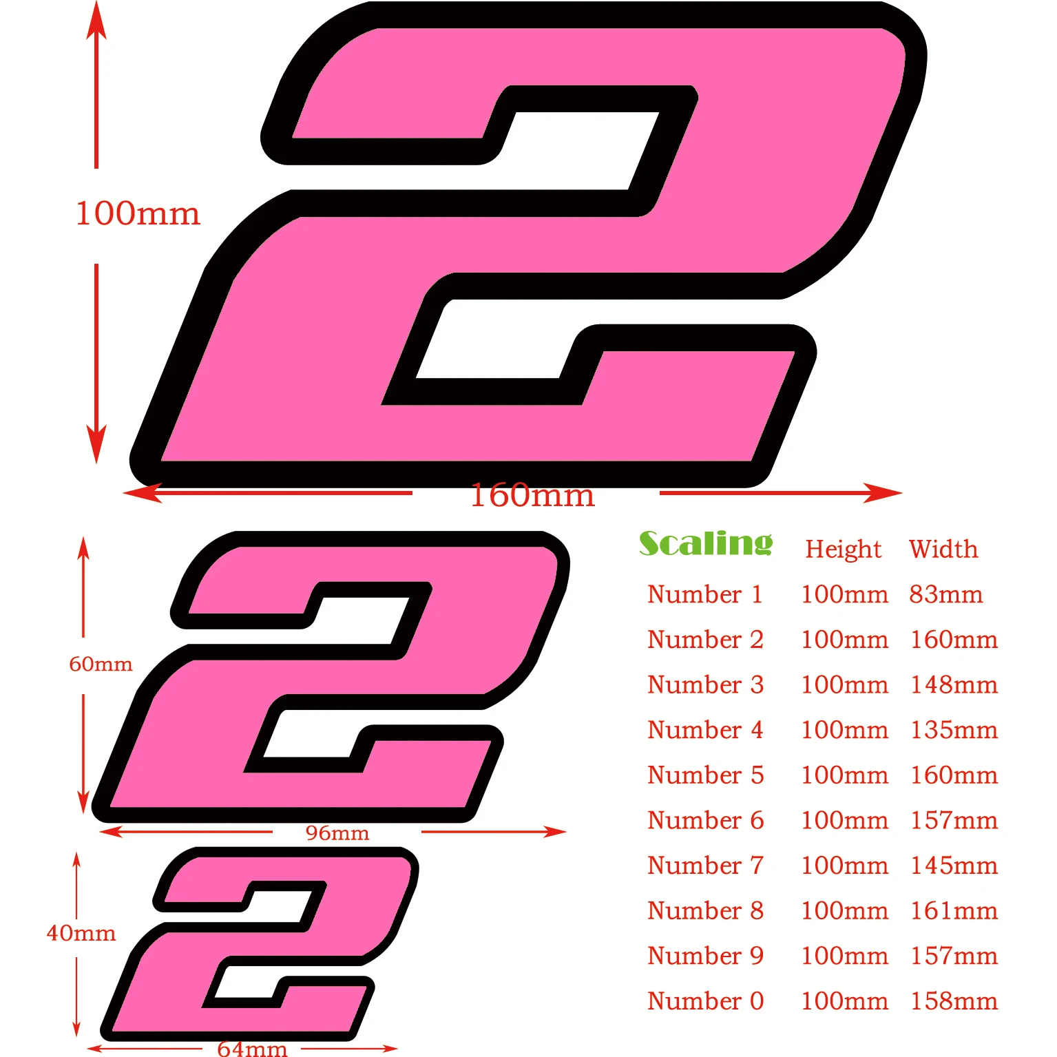 Number Decal Vinyl Die Cut Pink Matte With Black Outline 2 Layers Sticker For Car Motorcycle ATV Waterproof Protection