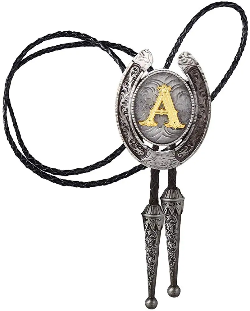 Vintage Gold Letter ABCDEFG-Z U shape bolo tie for man Indian cowboy western cowgirl leather rope zinc alloy necktie