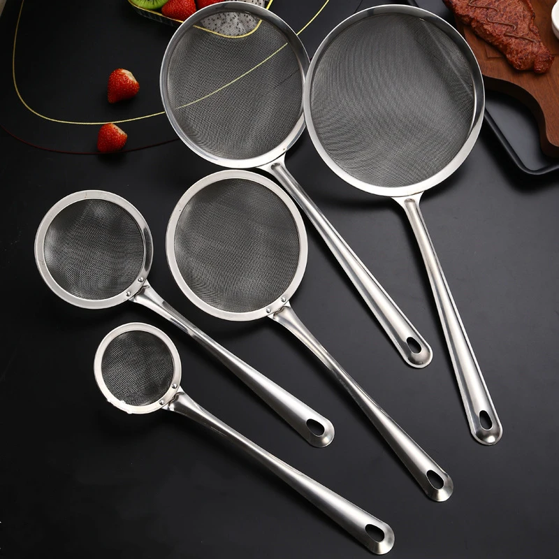 Kitchen Stainless Steel Long Handle Colanders for Pasta Multifunction Flour Sieve Mesh Strainer Fruit Juice Filtration Skimmer