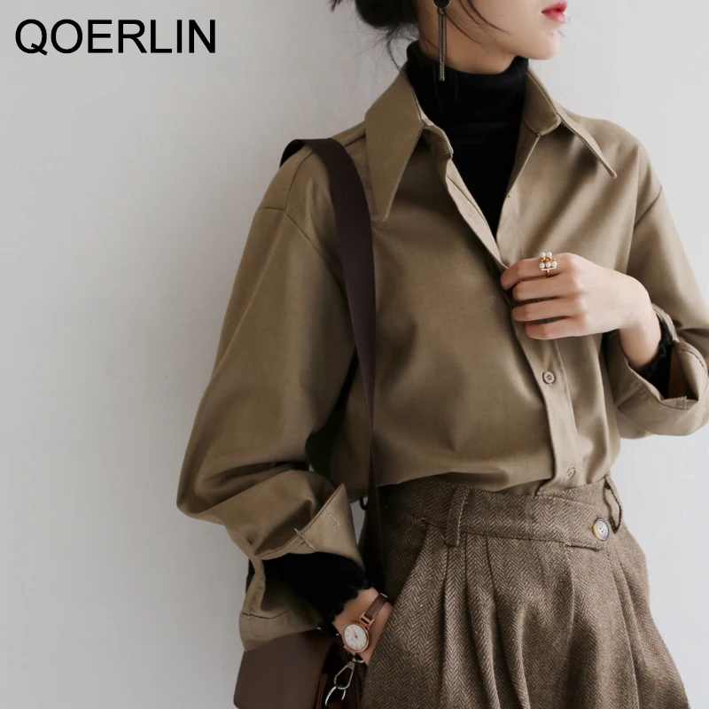 QOERLIN Coffee Blouse Women Office Long Sleeve Shirt