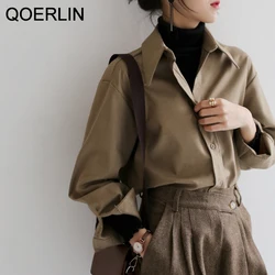 Qoerlin Koffie Blouse Vrouwen Lente Herfst Casual Effen Kleur Lange Mouwen Vrouwen Koreaanse Losse Shirt Ol Stijl Werkkleding S-XL