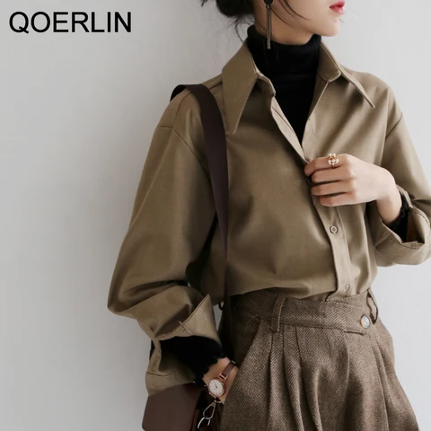Кофейная блузка QOERLIN из хлопка, размеры S-XL — изображение товара