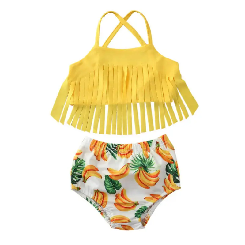 

Kids Baby Girls Swimwear Solid Tassel Top+Banana Print Shorts Bikini Set Outfits Fashion Cotton Swimwear Beachwear 1-5T