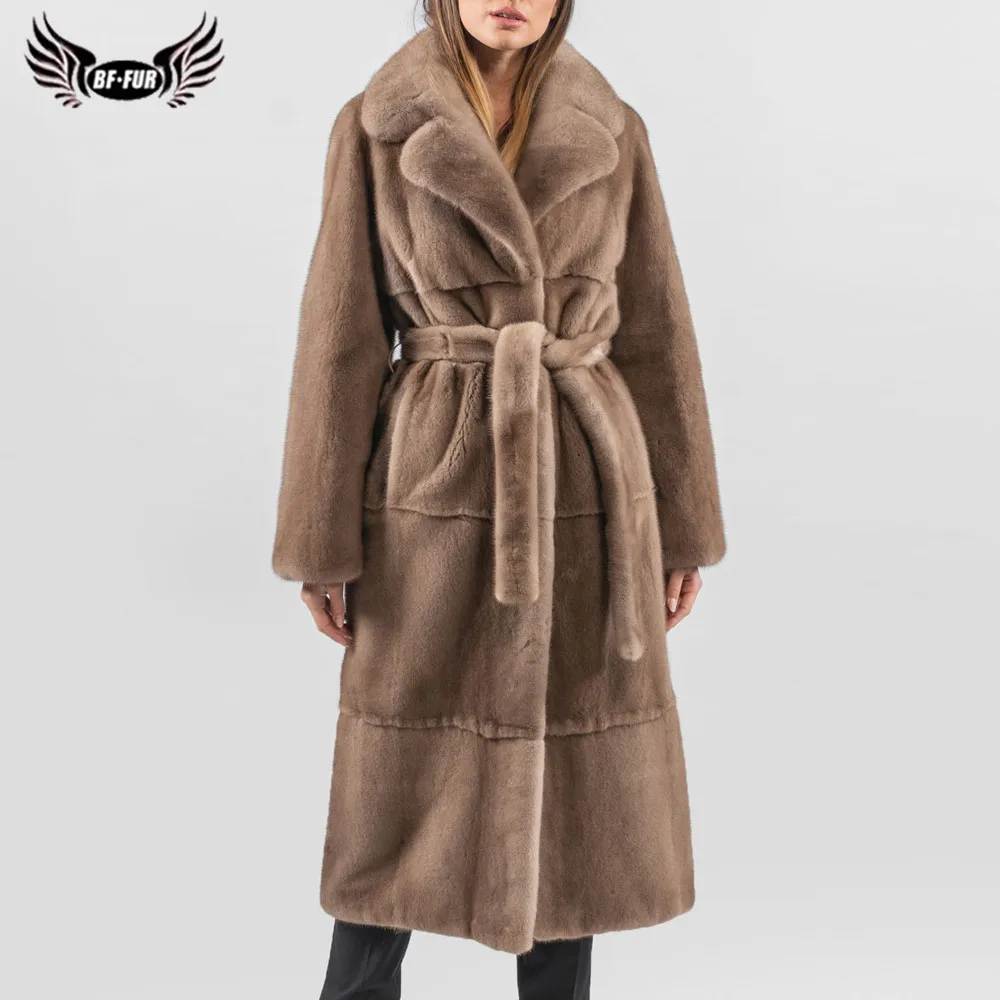 BFFUR Fashion Long MInk Fur Coat Women High Quality Real Mink Fur Jacket Lapel Collar WIth Fur Belt Coats Natural Female