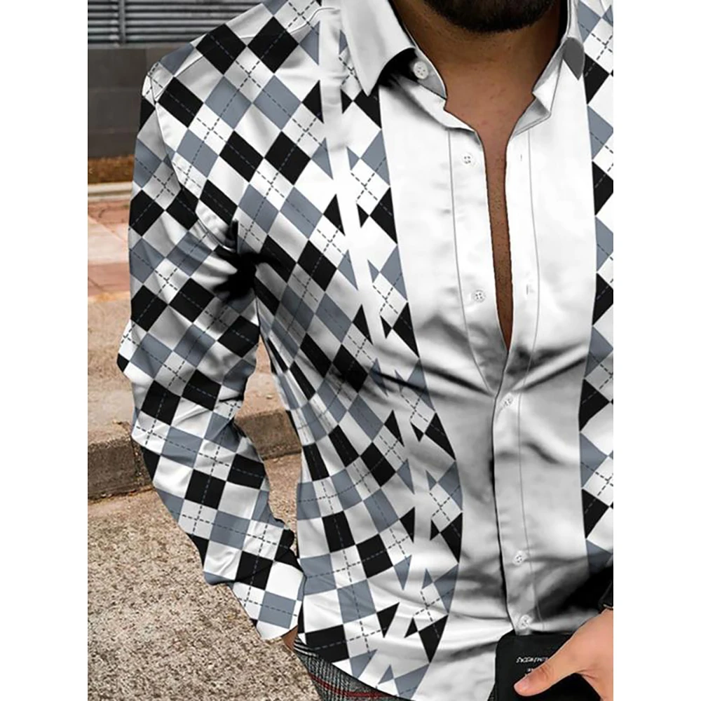 Mosaic Multicolor Abstract Geometry 3D All Over Printed Hawaiian Button Up Dress Shirts Full Sleeve Office Streetwear Men Cloth