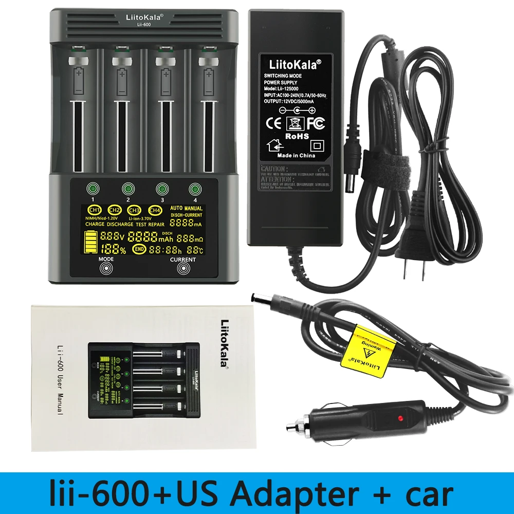 LiitoKala Lii-600 배터리 충전기, 리튬 이온 3.7V NiMH 배터리용, 18650 26650 21700 26700 AA + 12V5A 어댑터에 적합, 1-5 개