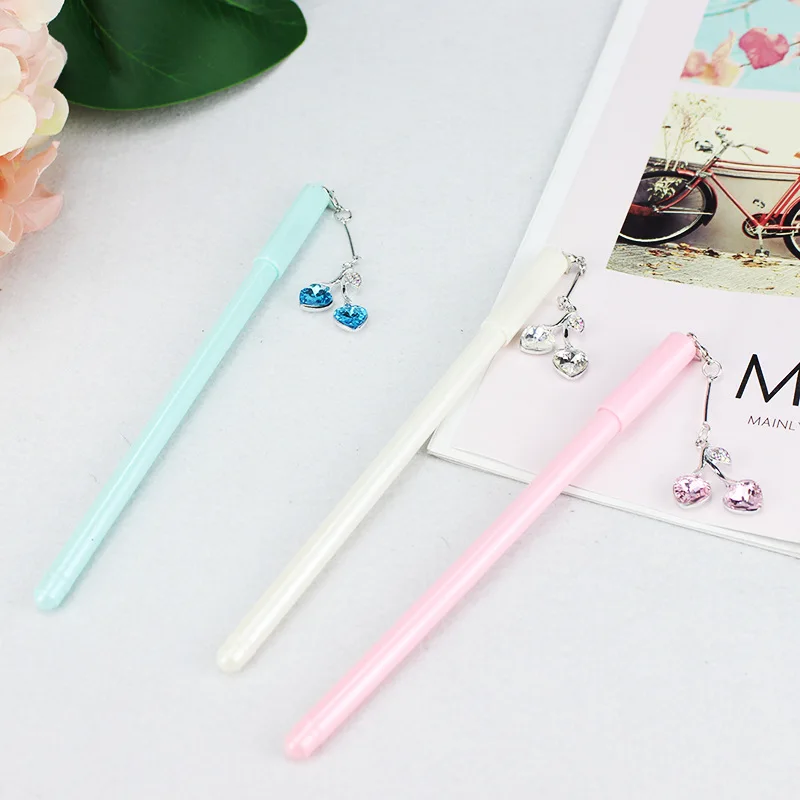 24pcs Korean popular creative crystal cherry pendant gel pen black ink pen student cute stationery