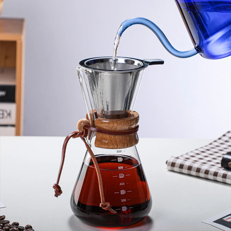 

Resistant Glass Coffee Maker Coffee Kettle Stainless Steel Filter Dripper Anti-scald Wooden Handle Brewer Pot 400ml 600ml 800ml