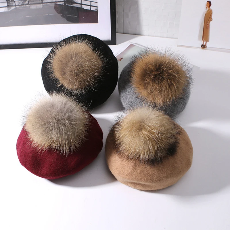 VISROVER New Unisex 100% Wool Winter Beret Solid fur Pompom Autumn Hat Winter Cap Spring Punk Beret Hat Real Fur Beret Wholesale