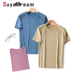 SuyaDream Mens Solid T shirts Silk Blend Plain V neck Short Sleeved Shirts 2021 Summer Basic Top