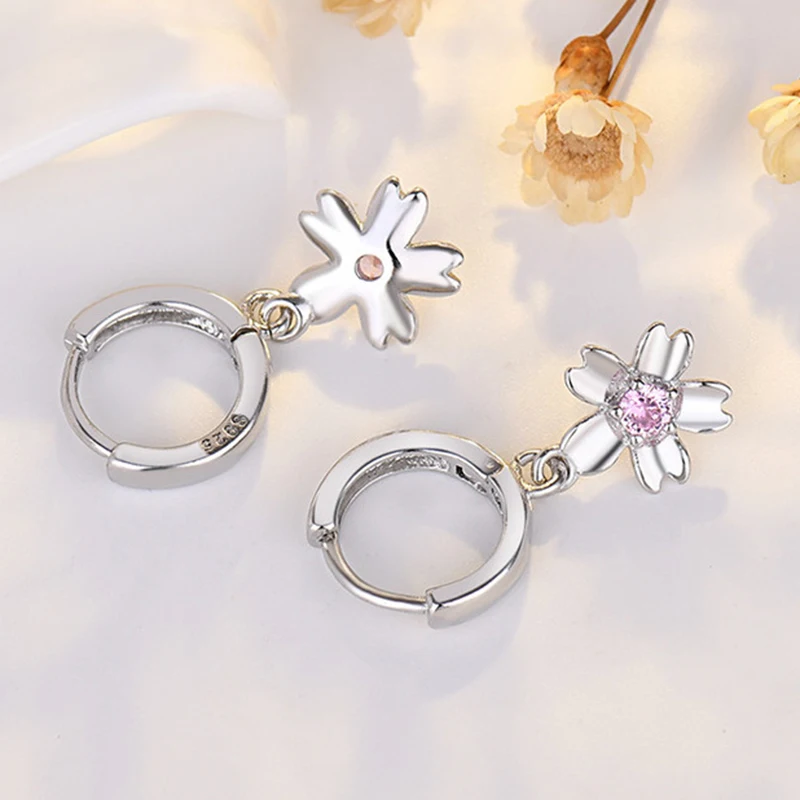 

925 Sterling Silver Ear Buckle Purple Crystal Flowers Drop Hoop Earrings for Women CZ Huggie Light Luxury Fashion Earrings