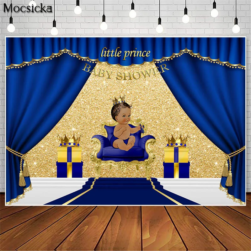 Little Prince Royal Blue Baby Shower Backdrop Black Boy Gold Crown Photography Background for Birthday Party Decoration Poster