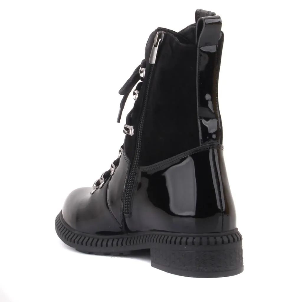 Sail-Lakers Hitam Patent Kulit, Suede Ritsleting Wanita Sepatu