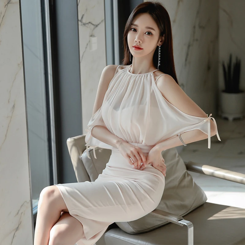 New Elegant Party Dress Sexy Halter Spaghetti Strap Voile Off the Shoulder Chiffon Bodycon Split Dress Club Summer