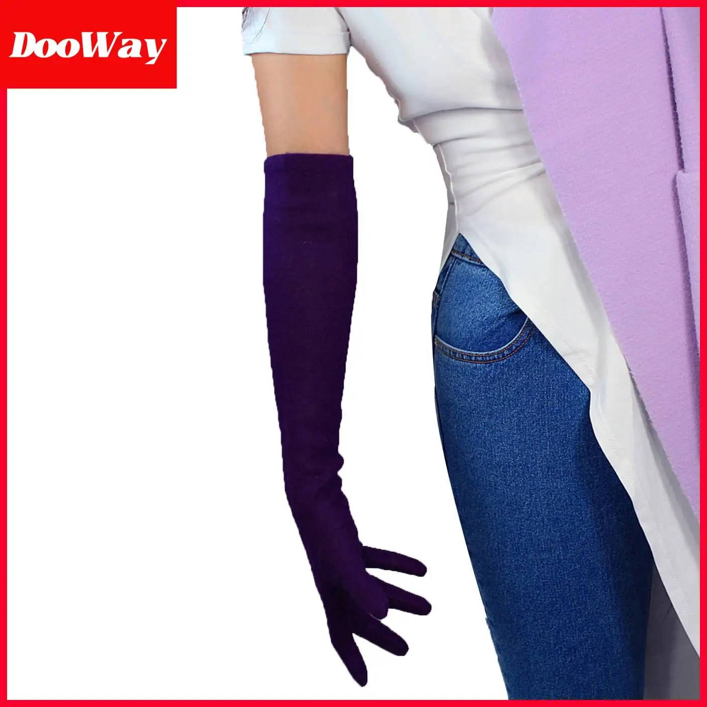 DooWay Women Dark Purple Wool Cashmere Warm Long Gloves Fashion Elastic 50cm Elbow Winter Warm Opera Dressing Long Finger Gloves