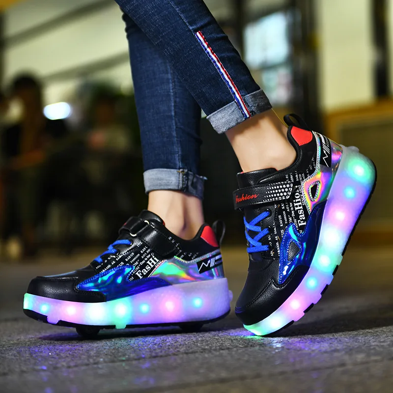 Kids Roller Skates Shoes Led Light Flashing Light 2 Wheels Skating Sneaker Flying Shoe Recharge Multi Light Breatheable Boy Girl