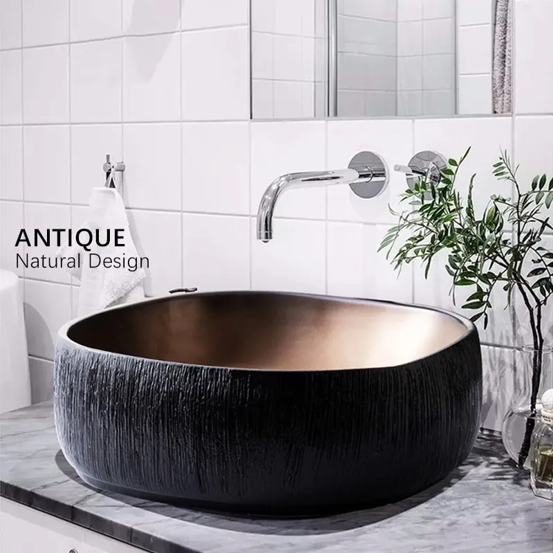 Ceramic Vessel Antique Square Stone Design Art Sinks Bathroom Washing Basin Bowl Above Counter Lavatary Balcony Black