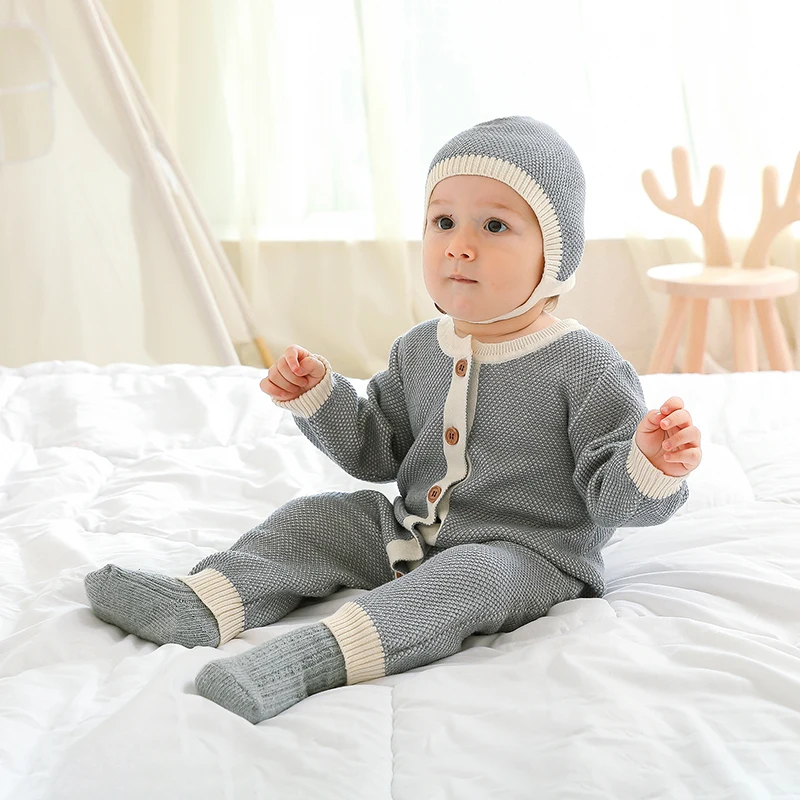 

Baby Romper 100%Cotton Knitted Newborn Boy Girl Jumpsuit Outfit Long Sleeve Autumn Infant Clothing Hat 2PC Playsuit 0-18M Onesie