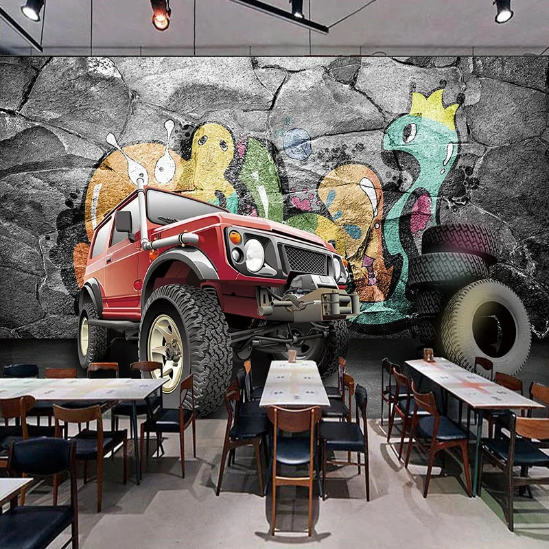 Custom Mural Wallpaper Personality Trend Road Vehicle Retro Graffiti Fresco KTV Bar 3D Background Wall Self-Adhesive Sticker Art