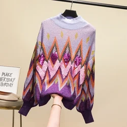 Ciężka praca cekiny geometryczny w kształcie diamentu luźny długi rękaw Top Retro sweter z golfem kobiety odzież swetry koreański moda