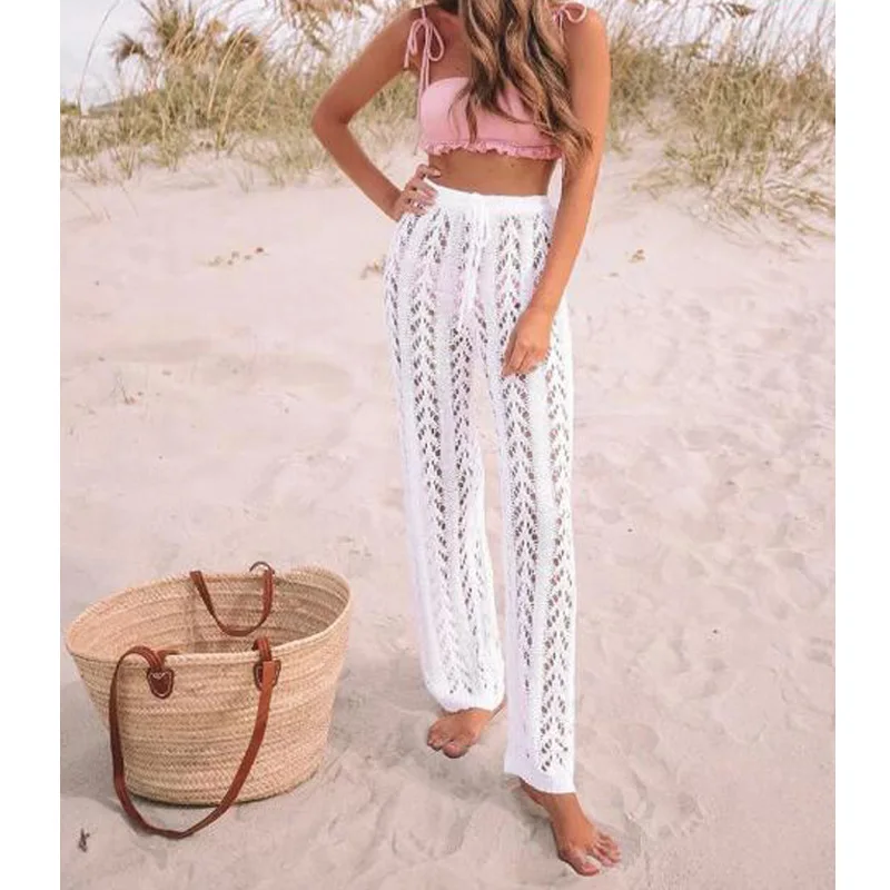 Women Sexy Hollow Out Design Pants, Solid Color Elastic High Waist Straight-leg Trousers,Beach Casual Pants, 7Colors,S/ M/ L/ XL