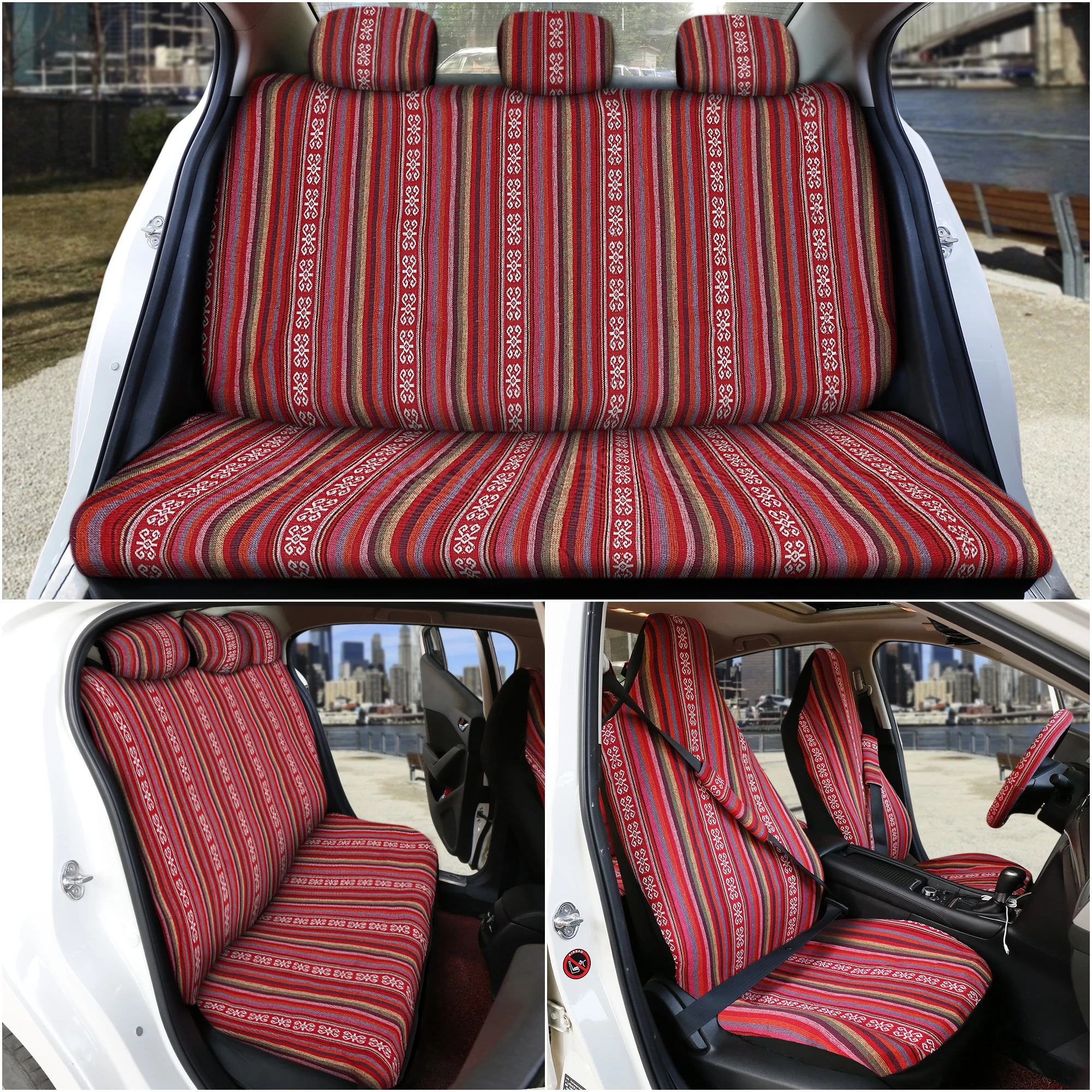 X Autohaux Car Seat Covers Set Baja Saddle Blanket Weave Universal Fit Most Cars Covers with Steering Wheel Cover Protector