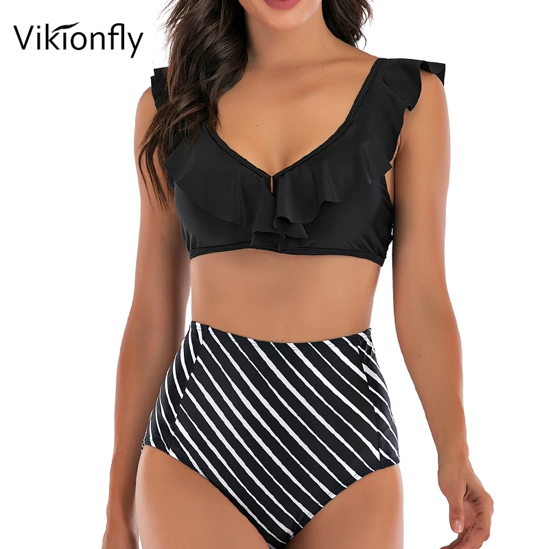 

Бикини с высокой талией, новинка 2020, пикантный женский купальник с оборками, Женский комплект бразильского бикини с подкладкой, купальный костюм для женщин, купальный костюм