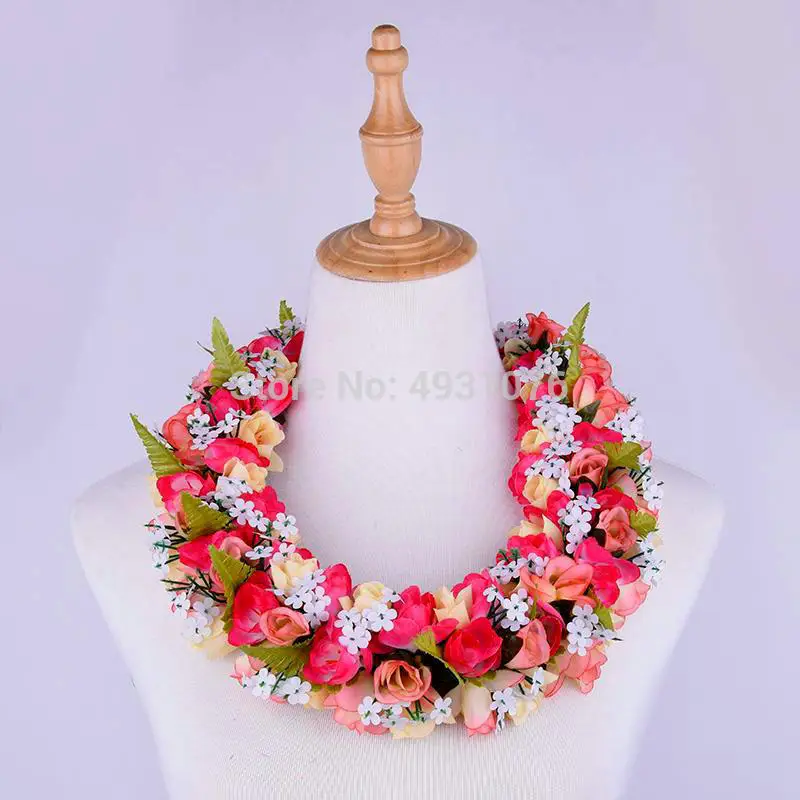 

Free Shipping HL00018 24pcs/lot Artifical Silk Rose Bud Lei W Baby's Breath Tropical Flower Hawaiian Necklace Wholesale