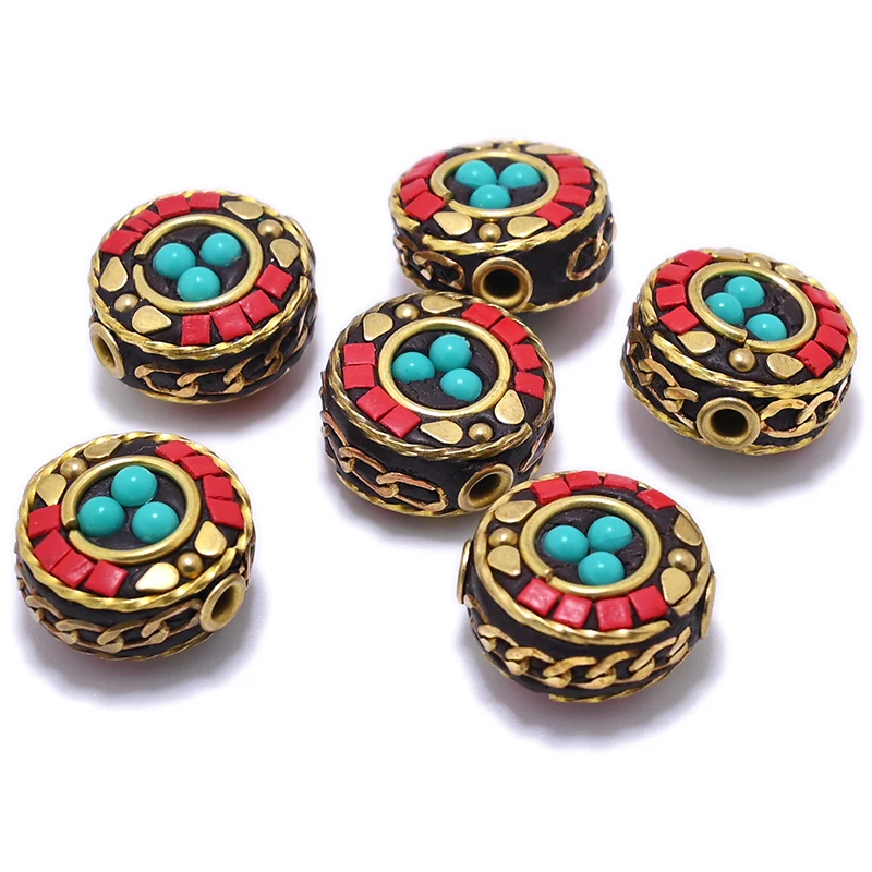 TZ-F Handmade Nepalese Buddhist Tibetan Brass Metal & Clay Loose Craft Beads for Necklace Jewelry Making DIY