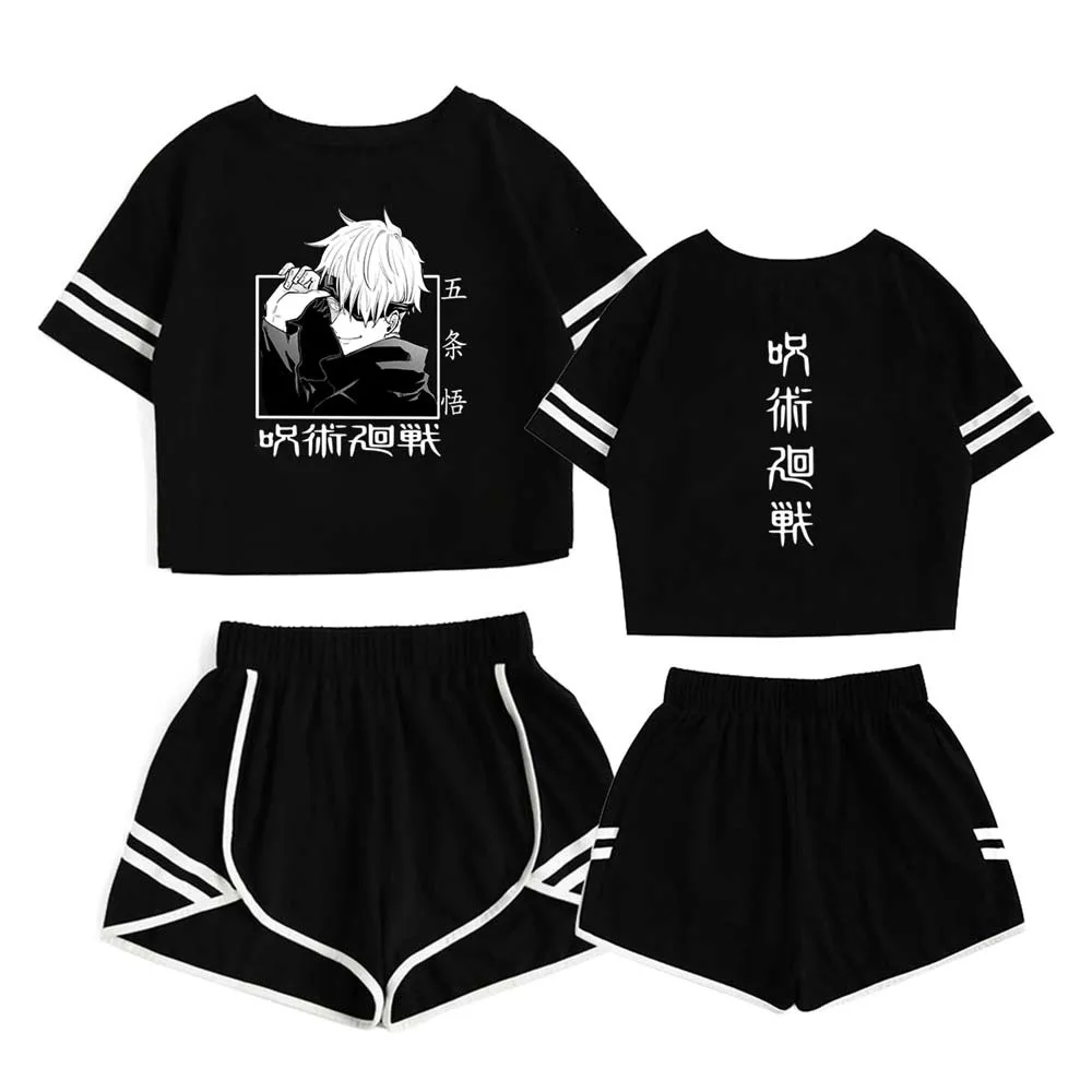 Gojo Satoru Short Suit Cosplay Jujutsu Kaisen Anime 2 Piece Outfits Female Streetwear Sportswear Japanese Crop-top Set Summer