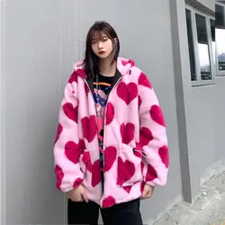 Pink Flannel Parkas Lambswool Hoodie Jackets Women Streetwear Full Print Heart Winter Harajuku Zipper Coat Oversize Tops