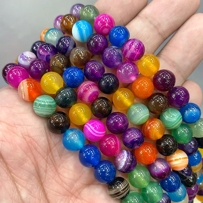 Natural Stone Mixed Color Stripe Agates Round Beads Diy Bracelet Necklace Pendants for Jewelry Making 15\