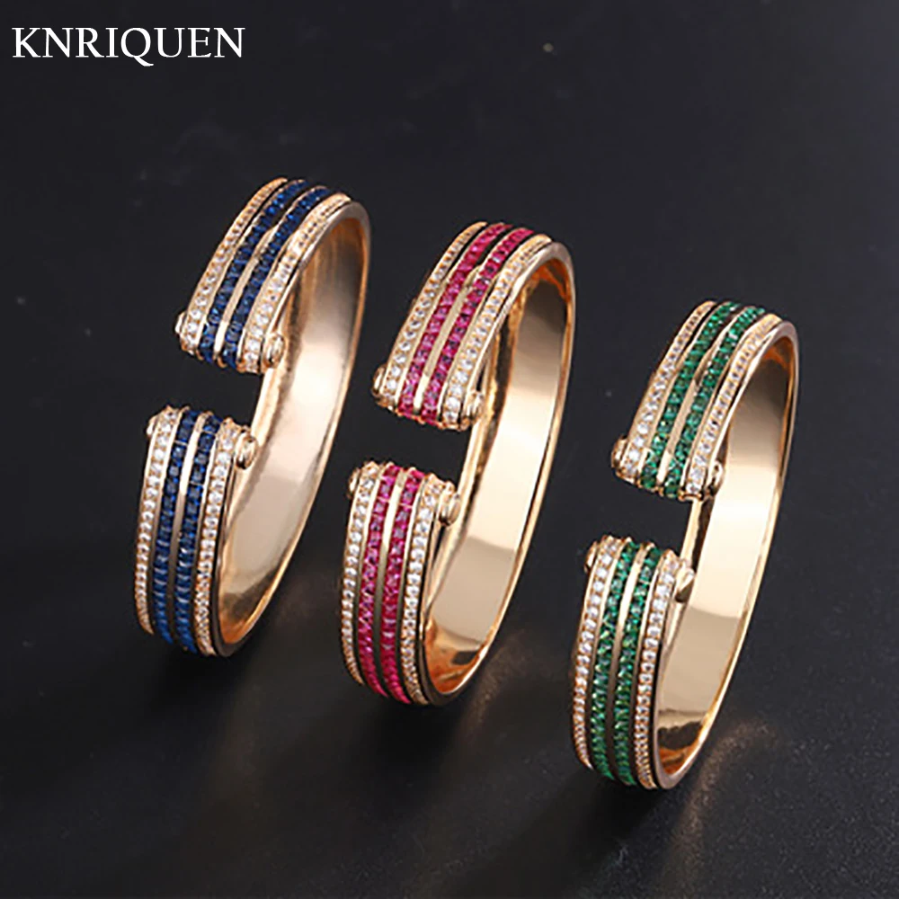 Luxury Wedding Bangles for Women Vintage Sapphire Emerald Ruby Gold Color Cuff Bracelets Party Fine Jewelry Birthday Female Gift