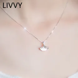 LIVVY Silver Color Ginkgo biloba Pendant Necklace for Women Girl Elegant Charming Jewelry Accessories