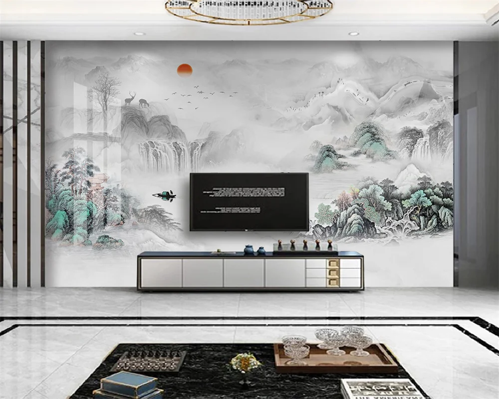 

beibehang Custom papel de pared modern minimalist new Chinese ink pavilion landscape painting bedroom background wallpaper