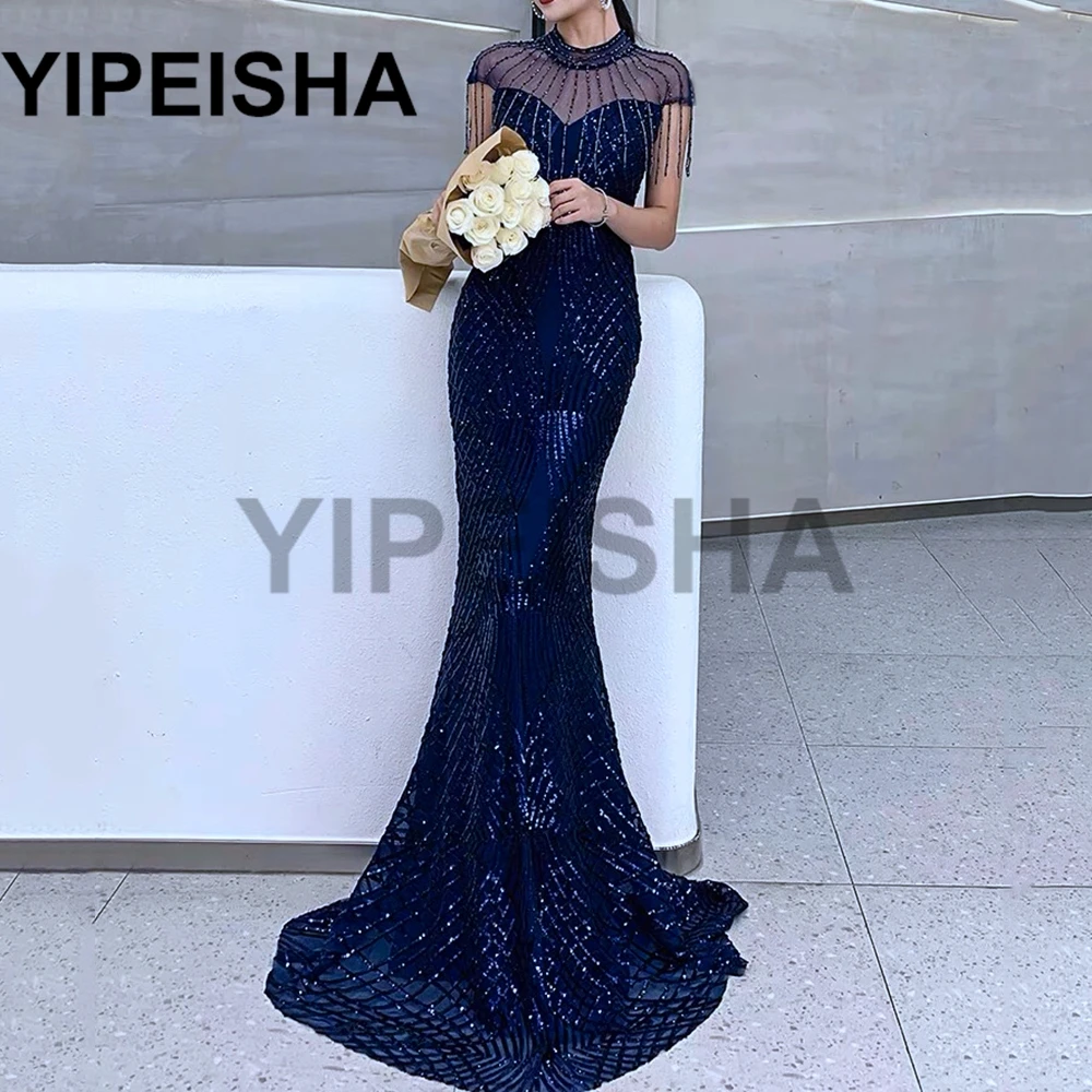 คอสูงแขนสั้น Beading Sequined Mermaid Evening Dresses SweepTrain Glittery ชุดราตรี فساتين السهرة Robes De Soirée