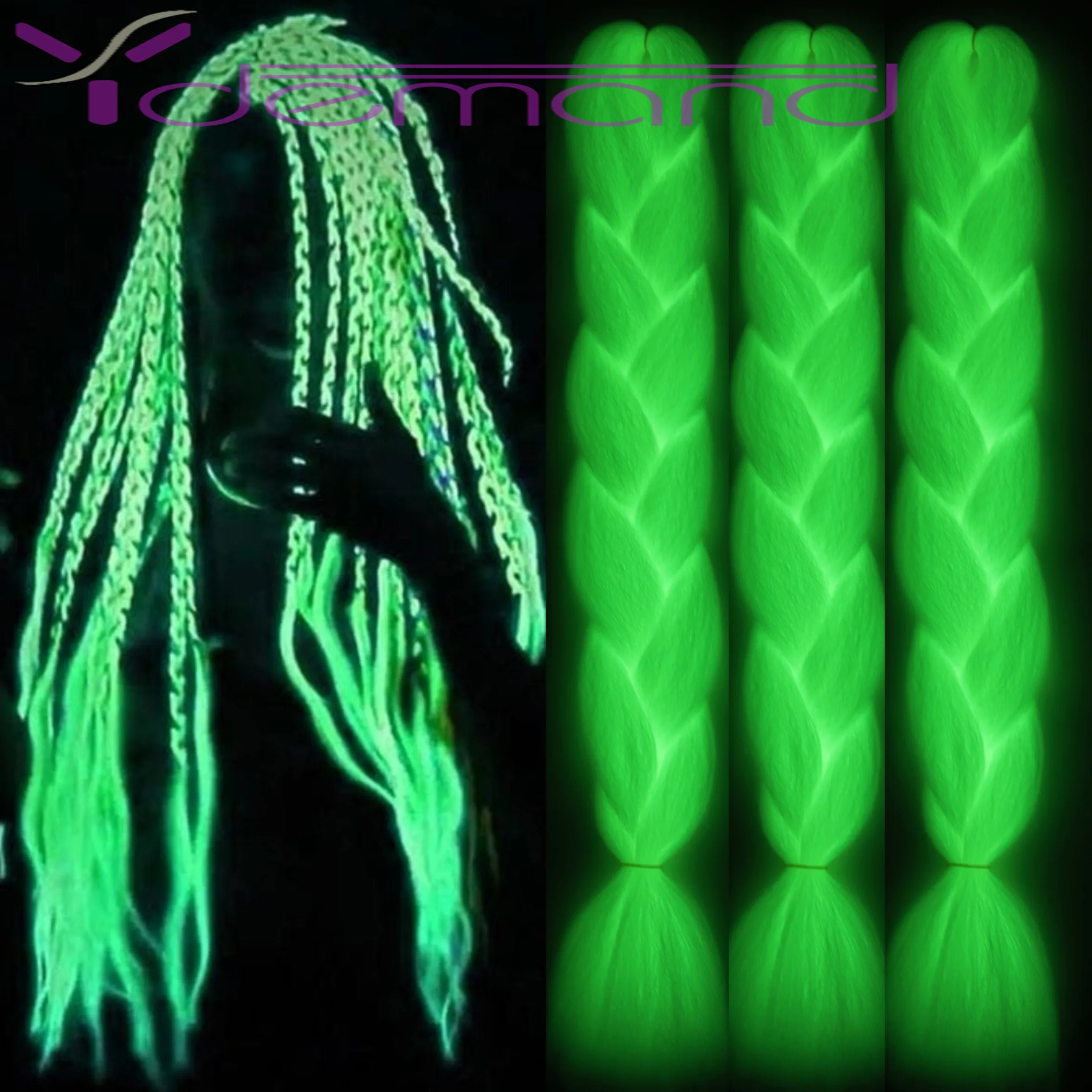 Jum bo-braid sintético neón verde brillante, cabello trenzado de 60CM, fibra de alta temperatura en la oscuridad