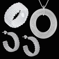 Vente en gros argent sterling 925 Vintage tissage pendentif collier boucles d'oreilles anneaux pour femme mode fête cadeaux ensembles de bijoux